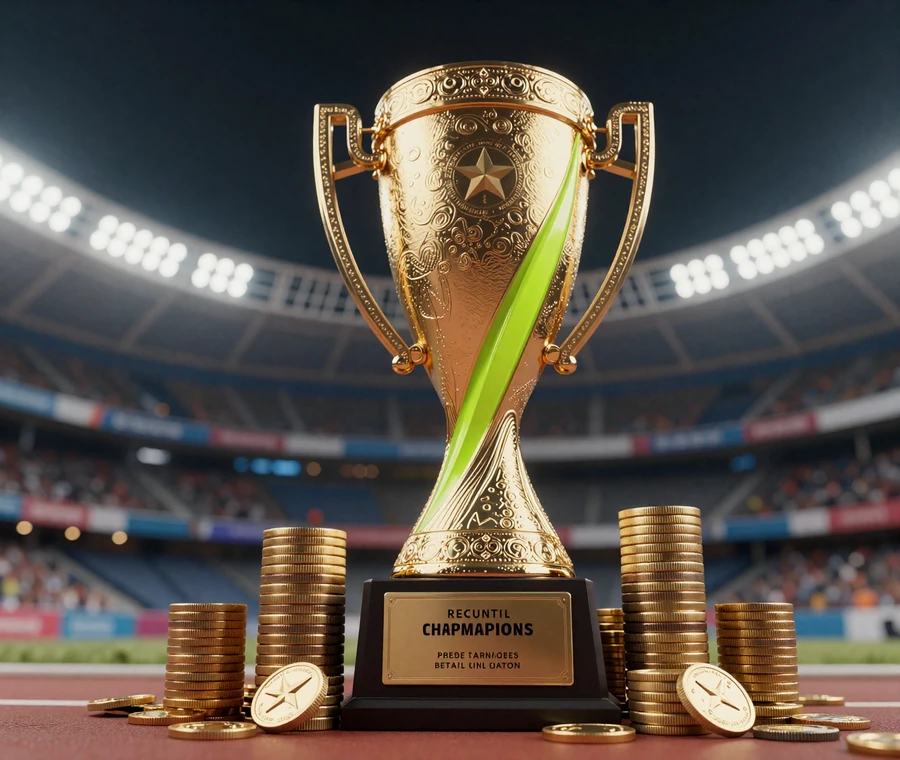 Goldene Champions-Troph&auml;e mit M&uuml;nzen und Lime-Streak - Golazzo VIP-Level und Cups