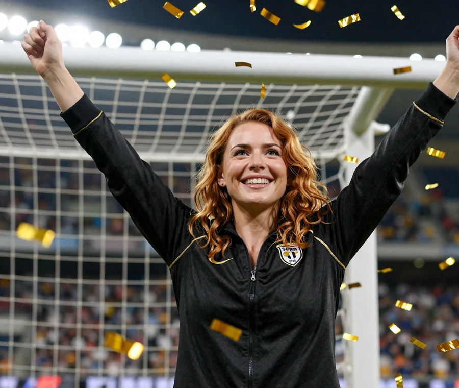 Jubelnde Frau in gold-schwarzer Sportjacke mit Konfetti vor Tor-Netz - Golazzo Casino Willkommensbonus mit 350 Freispiele