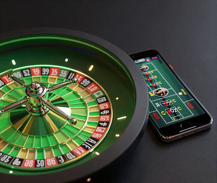 Leuchtendes gr&uuml;nes Roulette-Rad neben Smartphone mit Live-Tisch - Roulett spielen im Browser bei Golazzo
