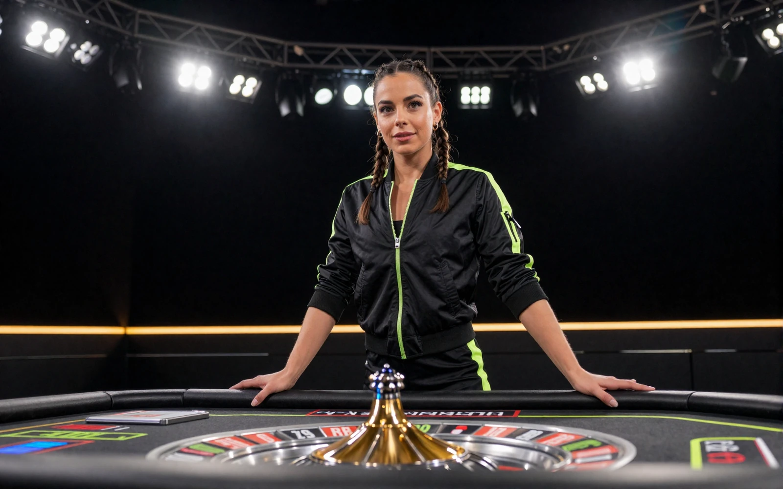Selbstbewusste Frau in lime-schwarzer Bomberjacke neben leuchtendem Live-Dealer-Tisch unter Flutlicht - bestes Live Casino online bei Golazzo