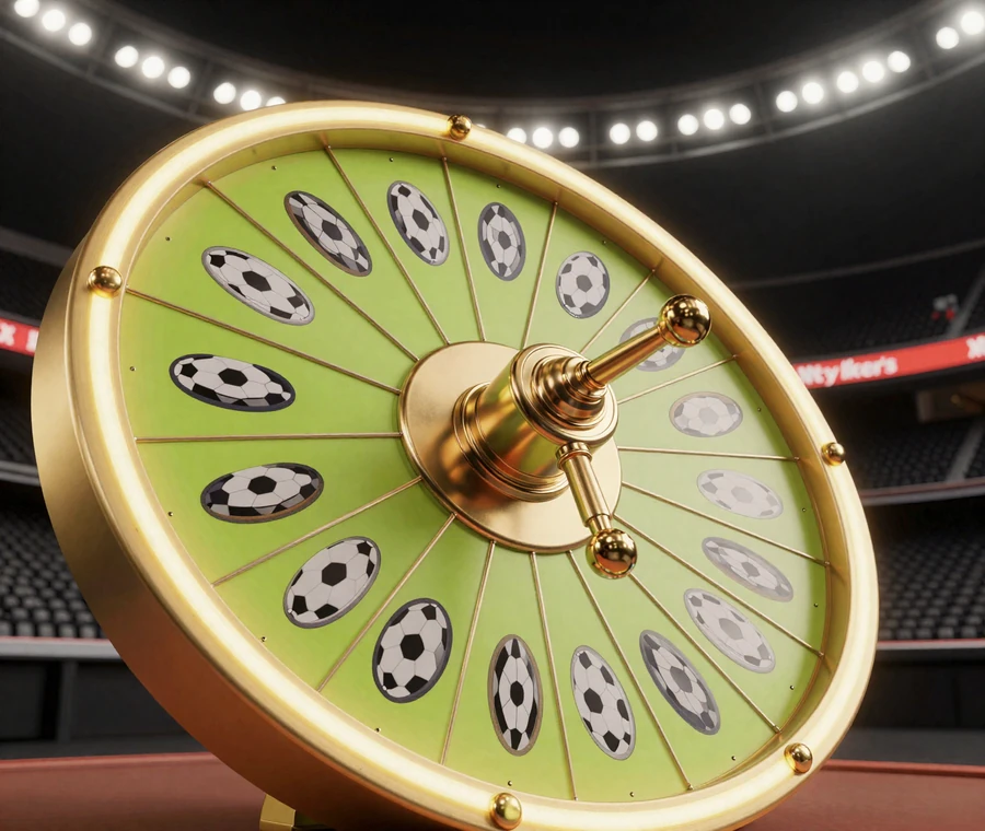 Goldenes Striker's Wheel mit Fu&szlig;ball-Segmenten und Lime-Glow - Golazzo VIP-Cashback und Gl&uuml;cksrad