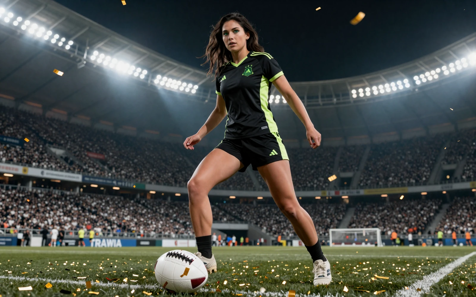 Selbstbewusste Frau in schwarz-limefarbener Sportkleidung mit Fu&szlig;ball unter Flutlicht - Golazzo online Casino Deutschland