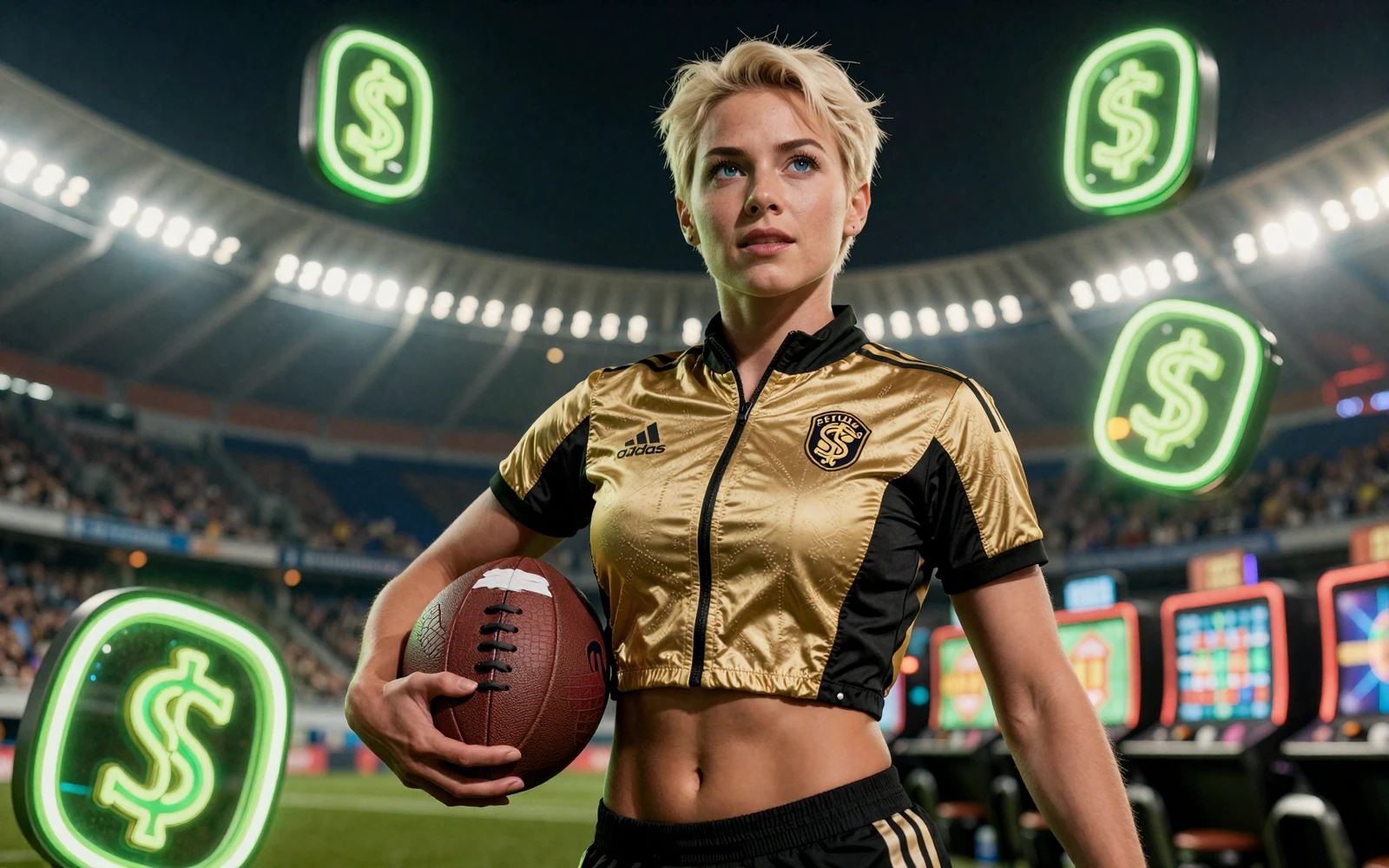 Selbstbewusste Frau in gold-schwarzer Sportjacke mit Fu&szlig;ball und Neon-Slot-Symbolen unter Flutlicht - Casino online kostenlos bei Golazzo