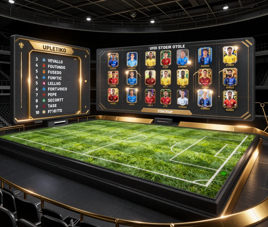 Virtuelles Fu&szlig;ballfeld neben Fantasy-Team-Aufstellung - Virtual Sports und Fantasy bei Golazzo